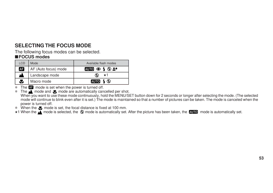 FujiFilm 100, 90 owner manual Selecting the Focus Mode, Focus modes 