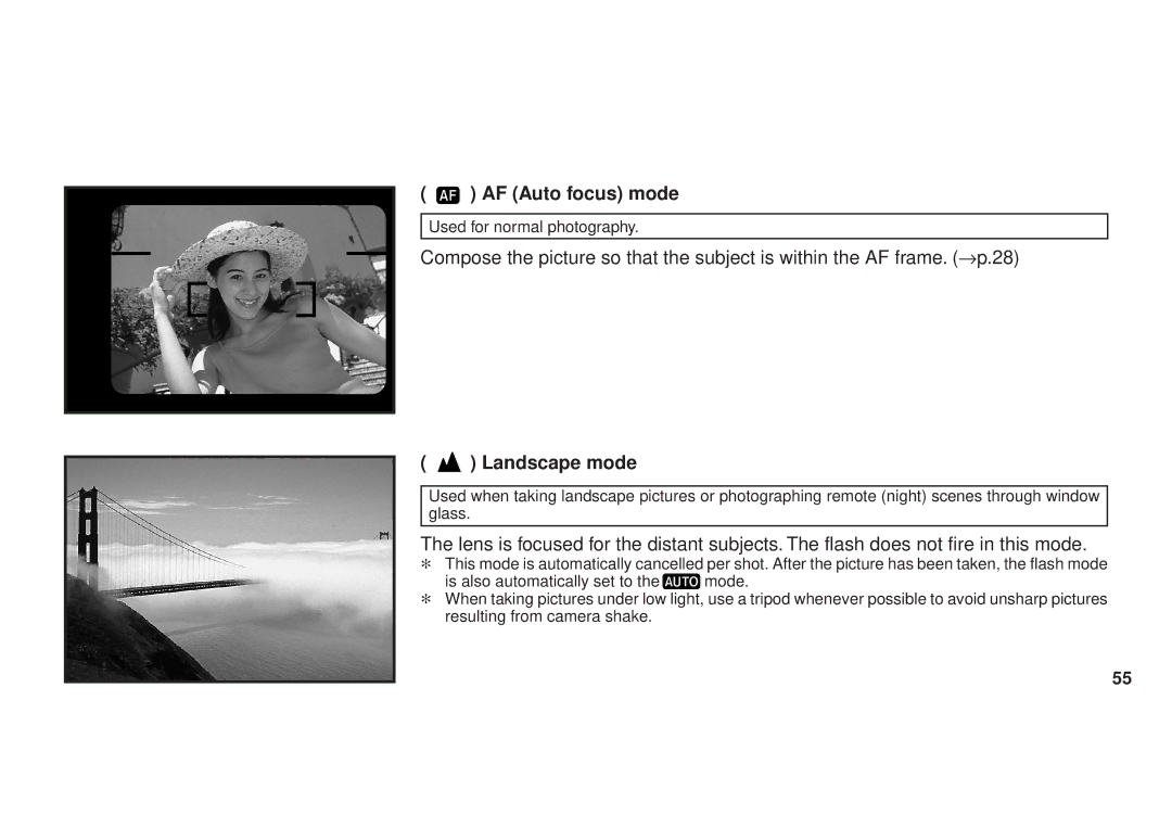 FujiFilm 100, 90 owner manual AF Auto focus mode, Landscape mode 