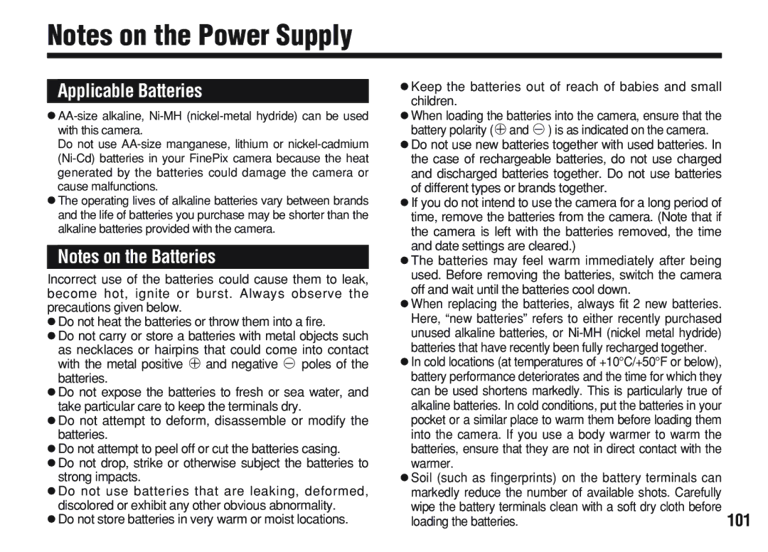 FujiFilm A200 manual 101, Soil such as fingerprints on the battery terminals can, Loading the batteries 