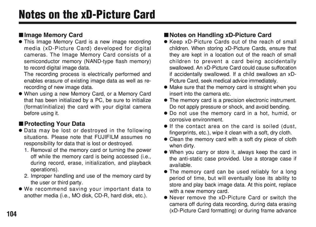 FujiFilm A200 manual 104, Image Memory Card, Protecting Your Data 