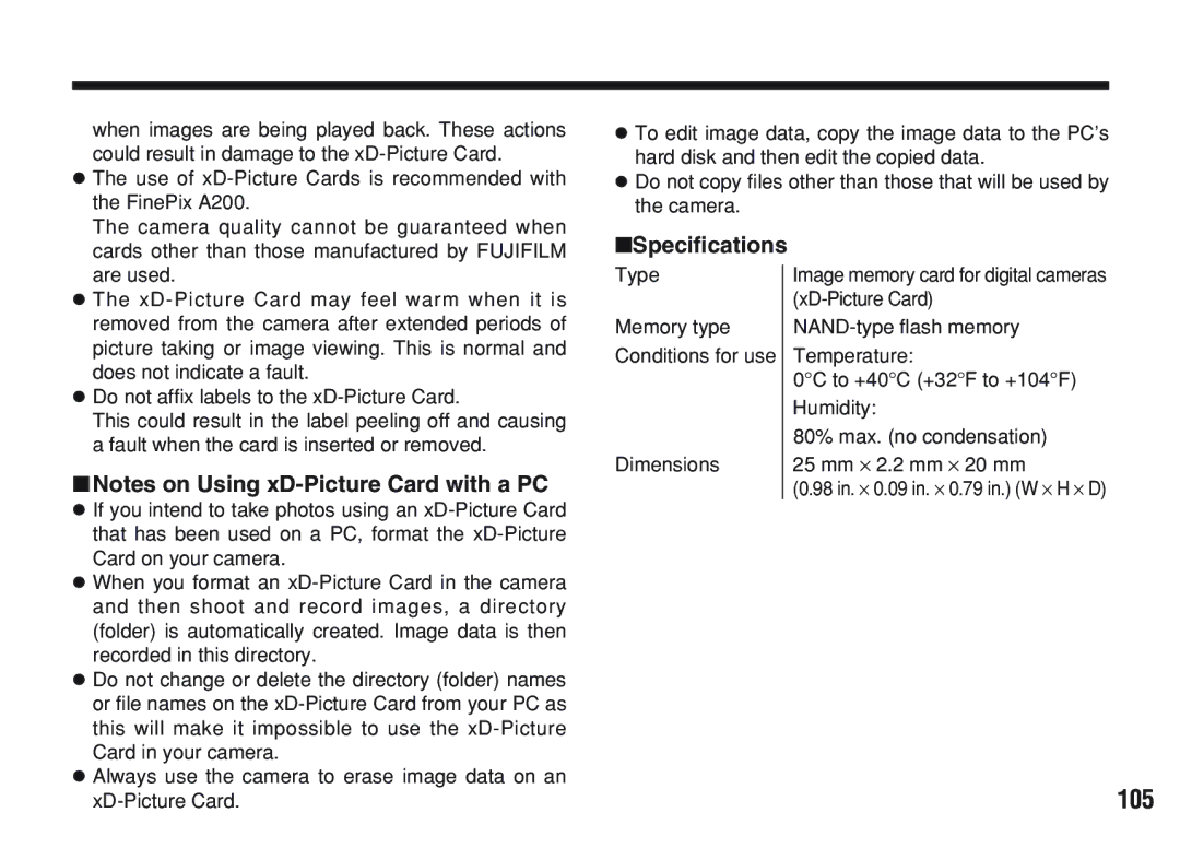 FujiFilm A200 manual 105, Specifications 