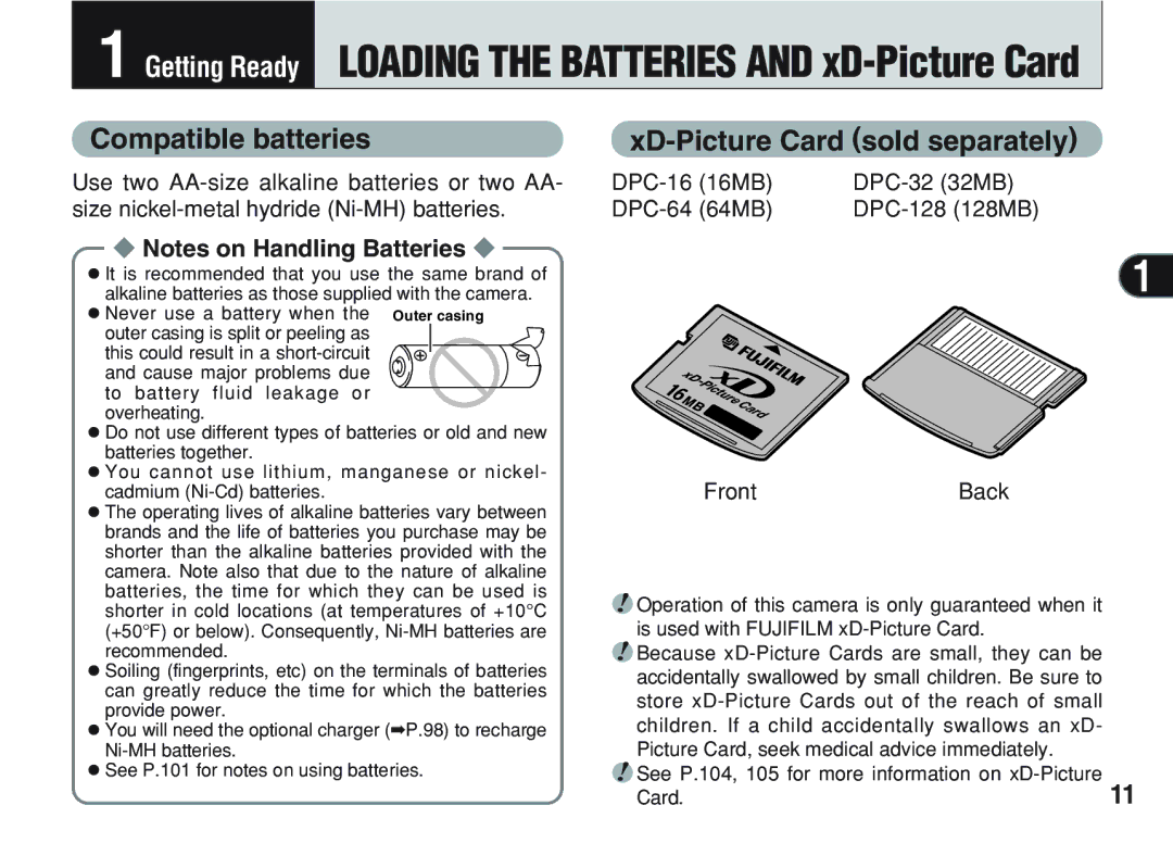 FujiFilm A200 manual Compatible batteries XD-Picture Card sold separately, FrontBack 