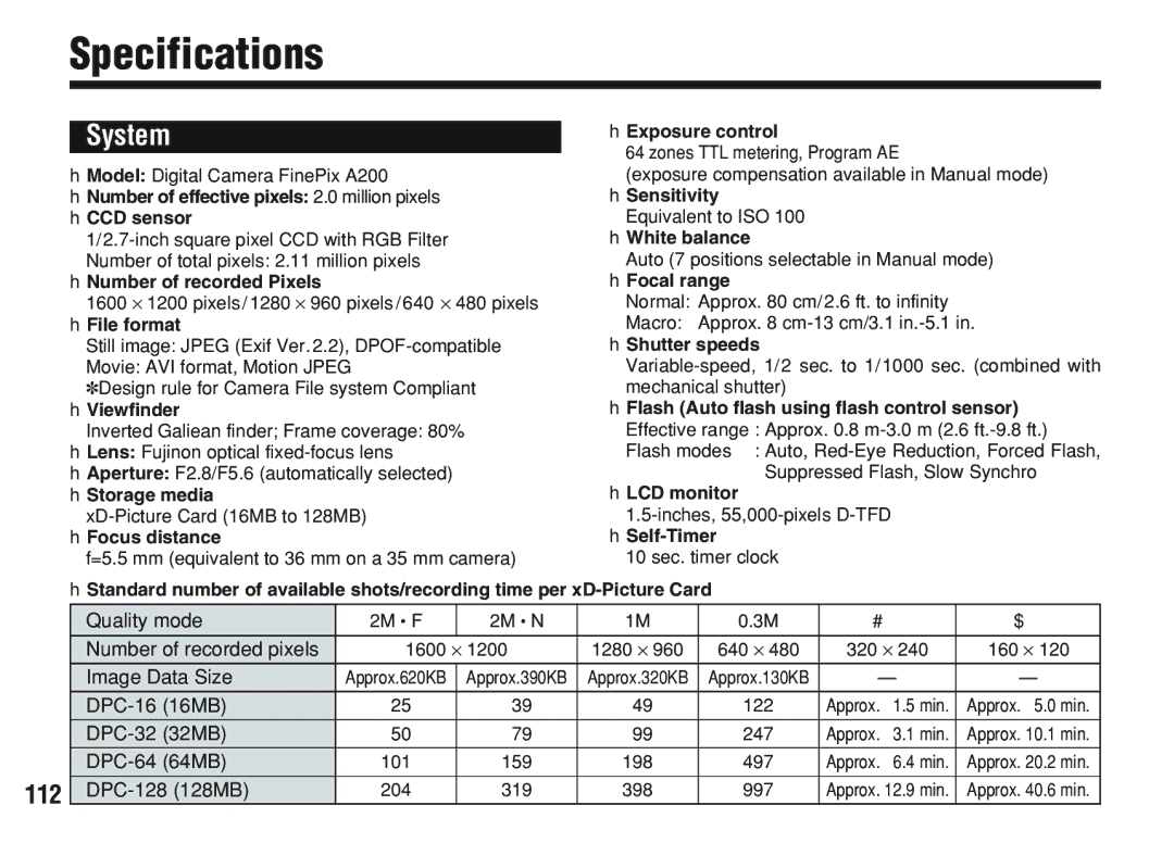 FujiFilm A200 manual Specifications 