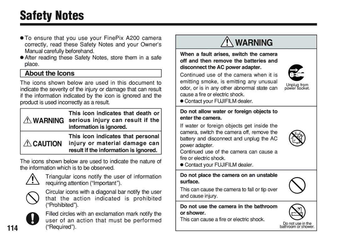 FujiFilm A200 manual Safety Notes, About the Icons, Do not allow water or foreign objects to enter the camera 