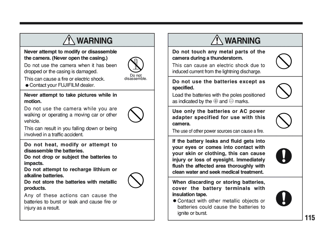 FujiFilm A200 manual 115, Use of other power sources can cause a fire 