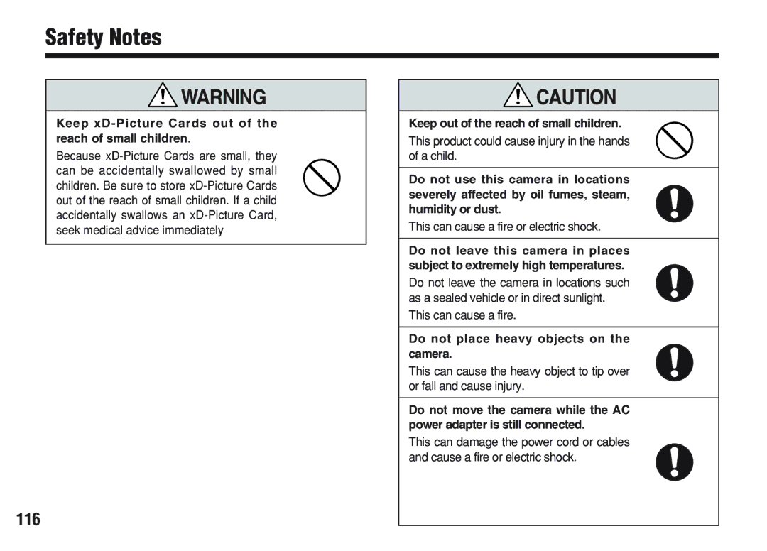 FujiFilm A200 manual Safety Notes, 116, Keep xD-Picture Cards out of the reach of small children 