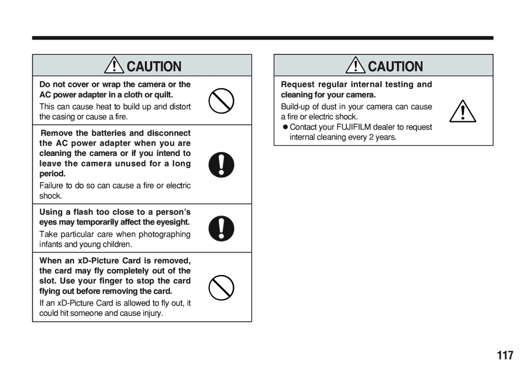 FujiFilm A200 manual 117, Failure to do so can cause a fire or electric shock 