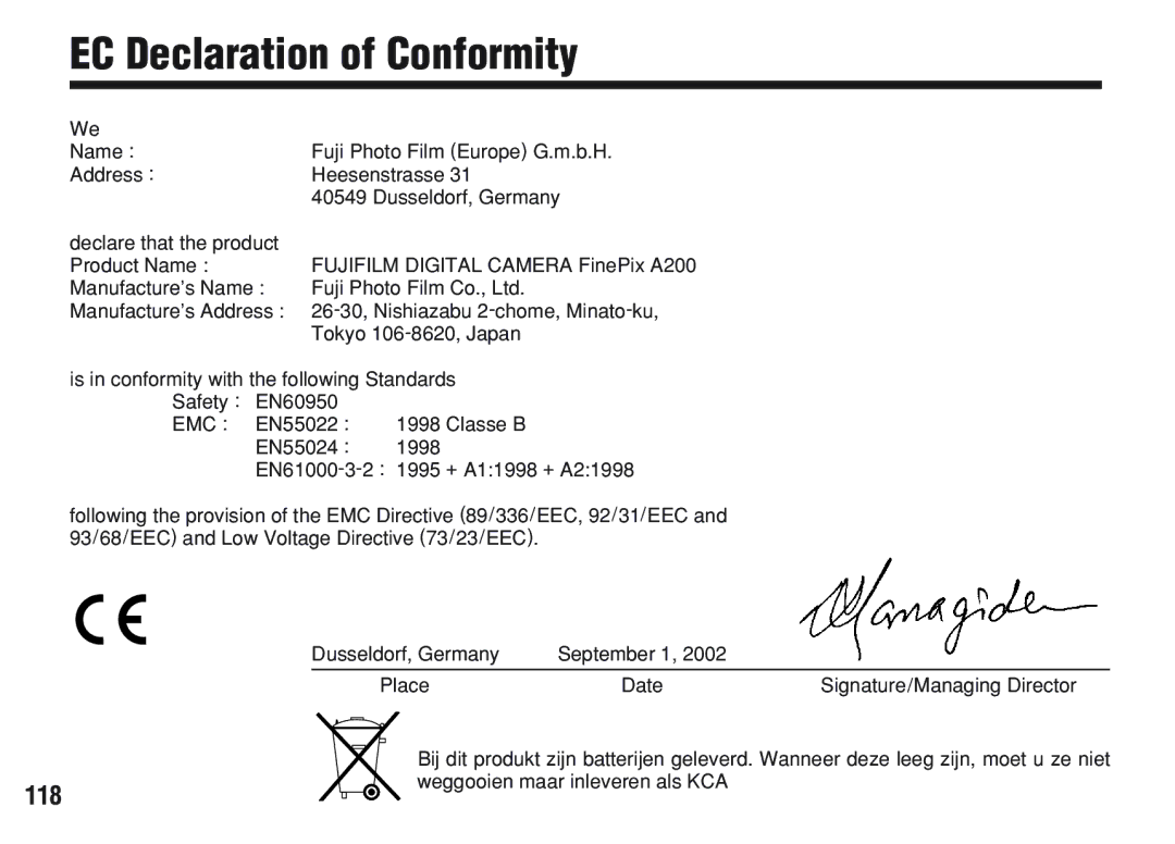 FujiFilm A200 manual EC Declaration of Conformity, Fuji Photo Film Europe G.m.b.H, 118, Weggooien maar inleveren als KCA 