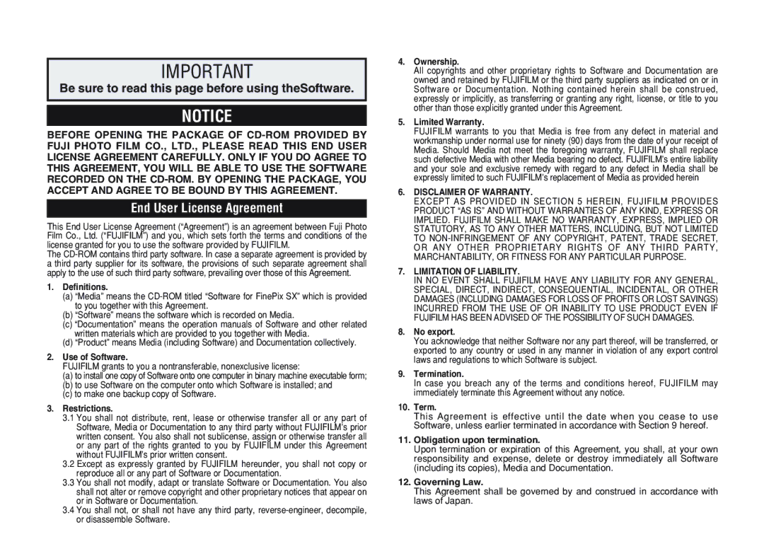 FujiFilm A200 manual Be sure to read this page before using theSoftware, End User License Agreement 