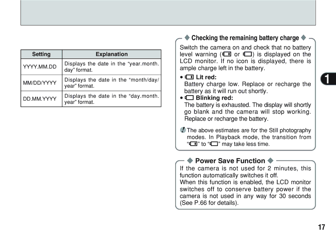 FujiFilm A200 manual Checking the remaining battery charge, Power Save Function, Setting Explanation 