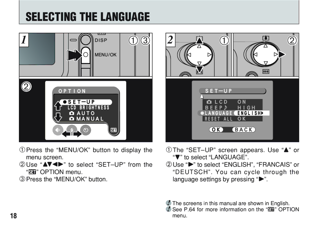 FujiFilm A200 Selecting the Language, Screens in this manual are shown in English, Menu 