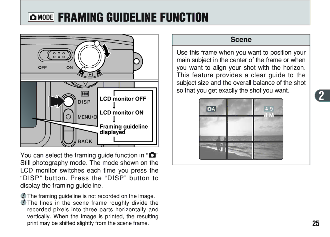 FujiFilm A200 manual Qmode Framing Guideline Function, Scene, LCD monitor OFF, LCD monitor on, Displayed 