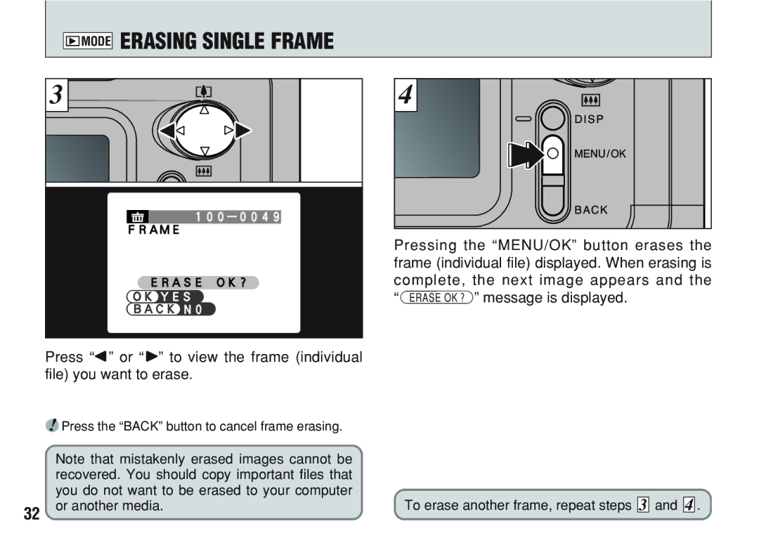 FujiFilm A200 manual Erasing Single Frame, Press the Back button to cancel frame erasing 