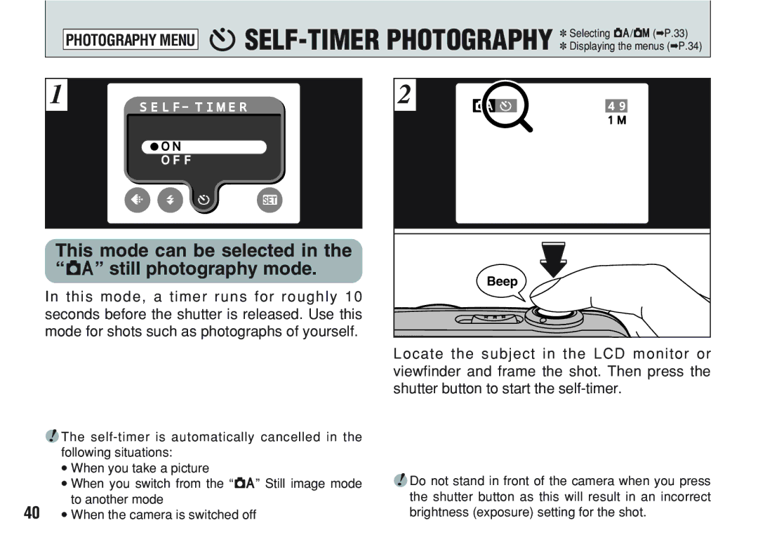 FujiFilm A200 manual = SELF-TIMER Photography Selecting A/SP.33, This mode can be selected in the a still photography mode 