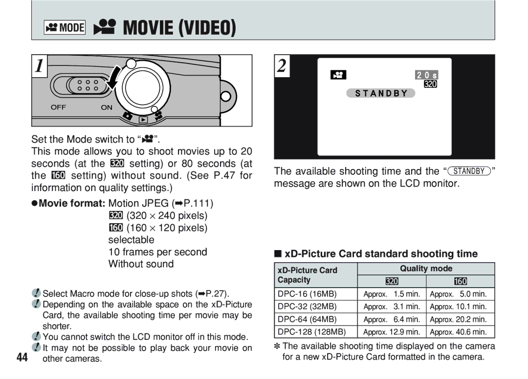 FujiFilm A200 manual Mode Tmovie Video, Without sound, XD-Picture Card Quality mode, Capacity 