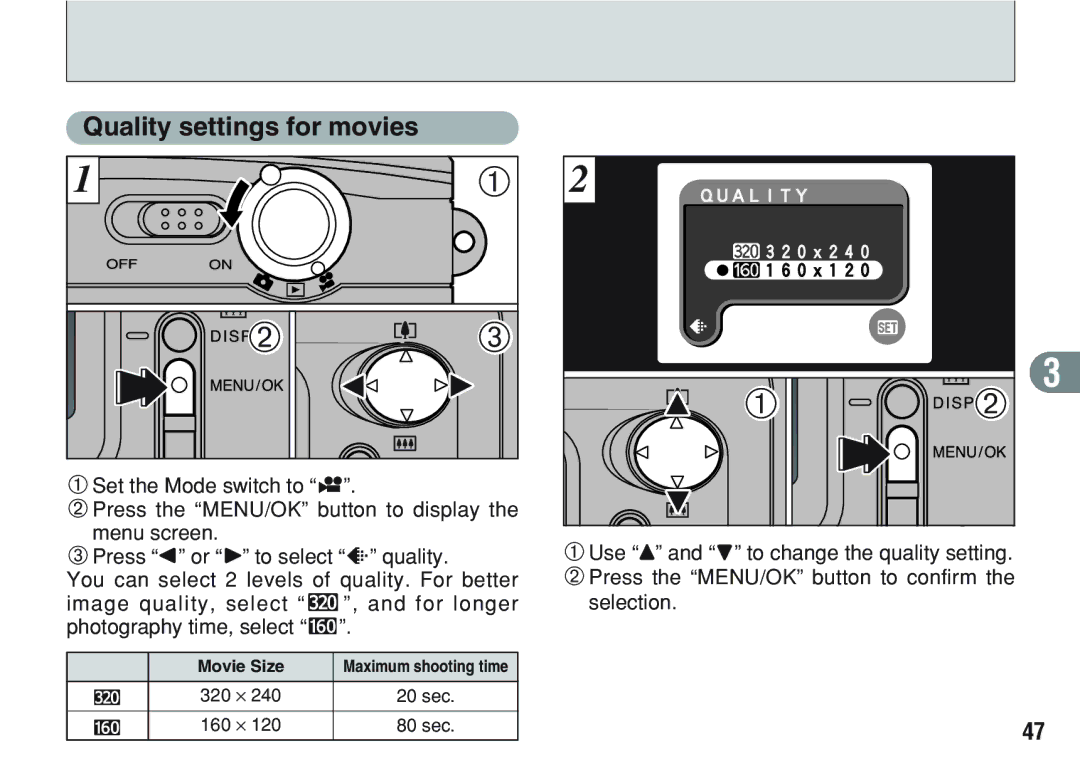 FujiFilm A200 manual Quality settings for movies, 320 ⋅, 160 ⋅ 