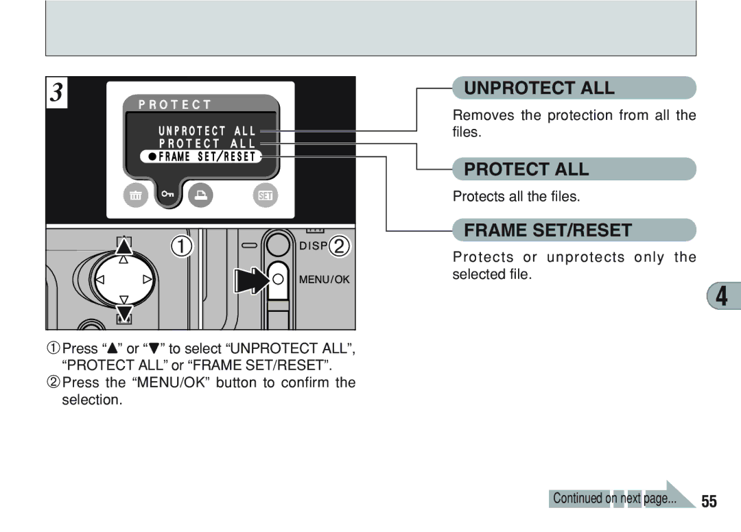 FujiFilm A200 manual 1Press a or b to select Unprotect ALL, Protect ALL or Frame SET/RESET, Protects all the files 