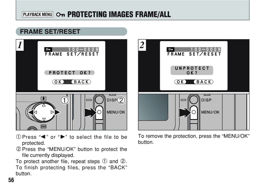 FujiFilm A200 manual Protecting Images FRAME/ALL, To remove the protection, press the MENU/OK button 