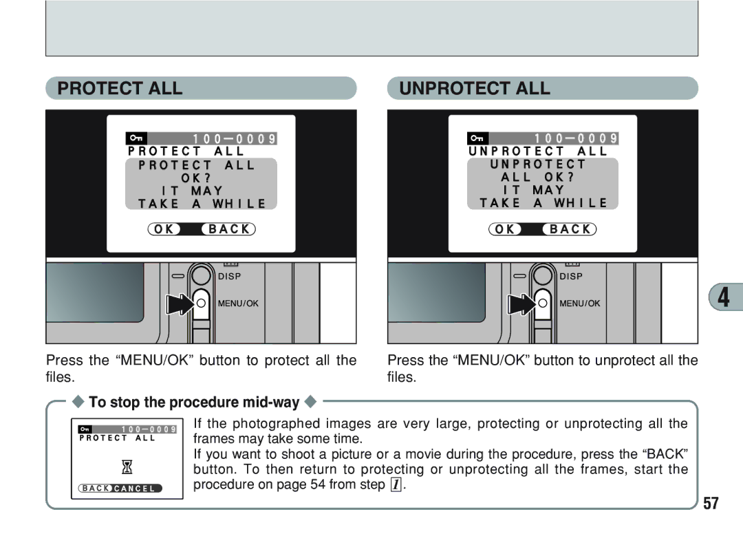 FujiFilm A200 manual Press the MENU/OK button to protect all the files, Press the MENU/OK button to unprotect all the files 