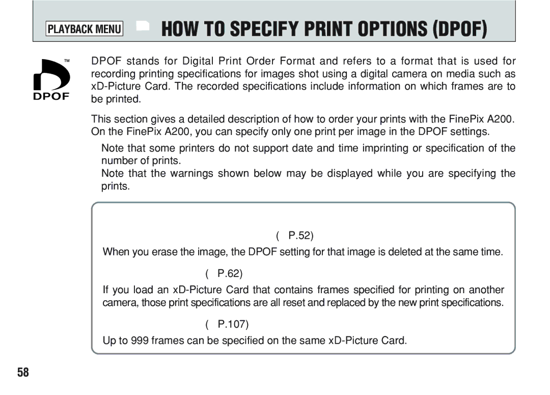 FujiFilm A200 manual HOW to Specify Print Options Dpof 