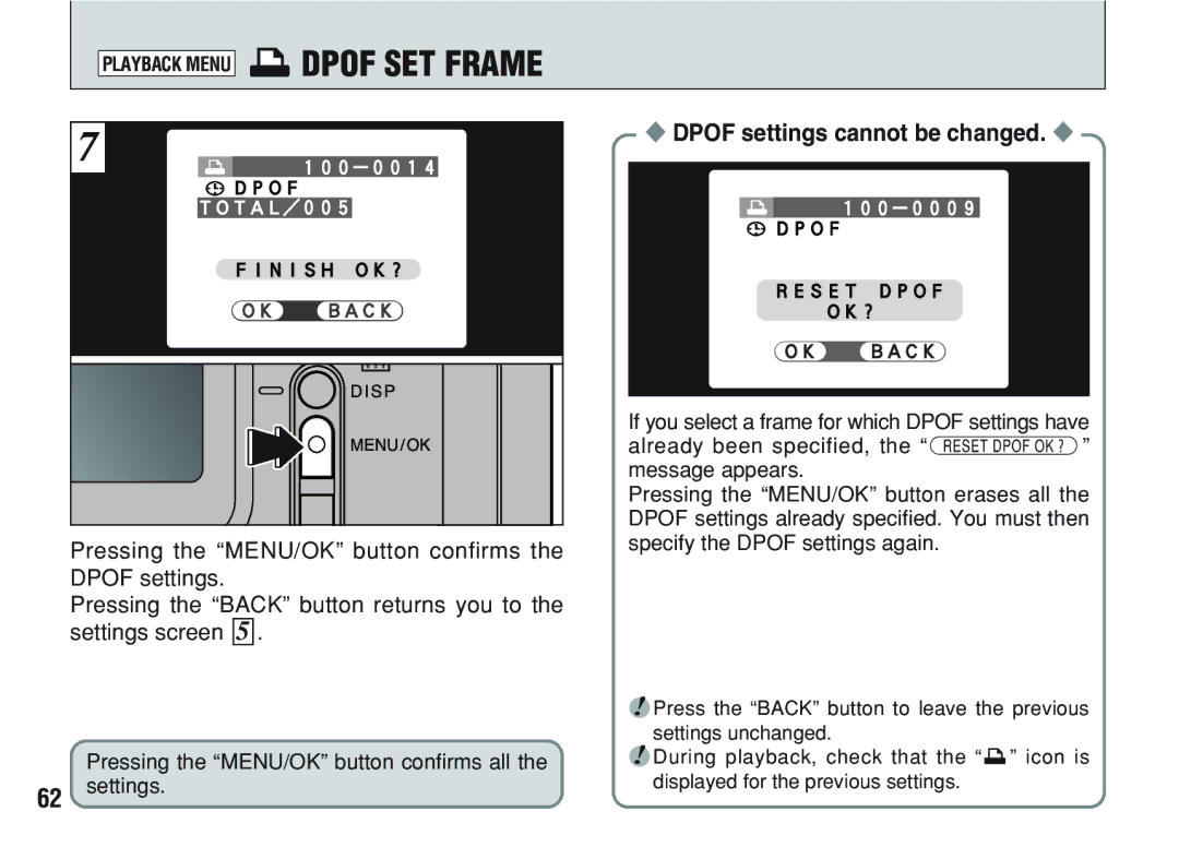 FujiFilm A200 manual Dpof settings cannot be changed 