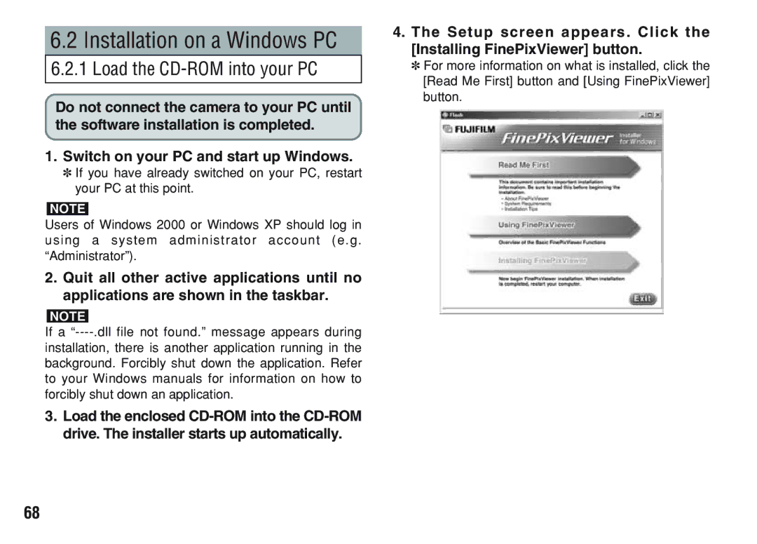 FujiFilm A200 manual Installation on a Windows PC, Switch on your PC and start up Windows 