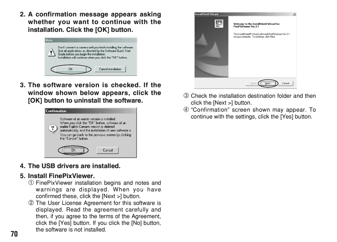 FujiFilm A200 manual USB drivers are installed Install FinePixViewer, FinePixViewer installation begins and notes 