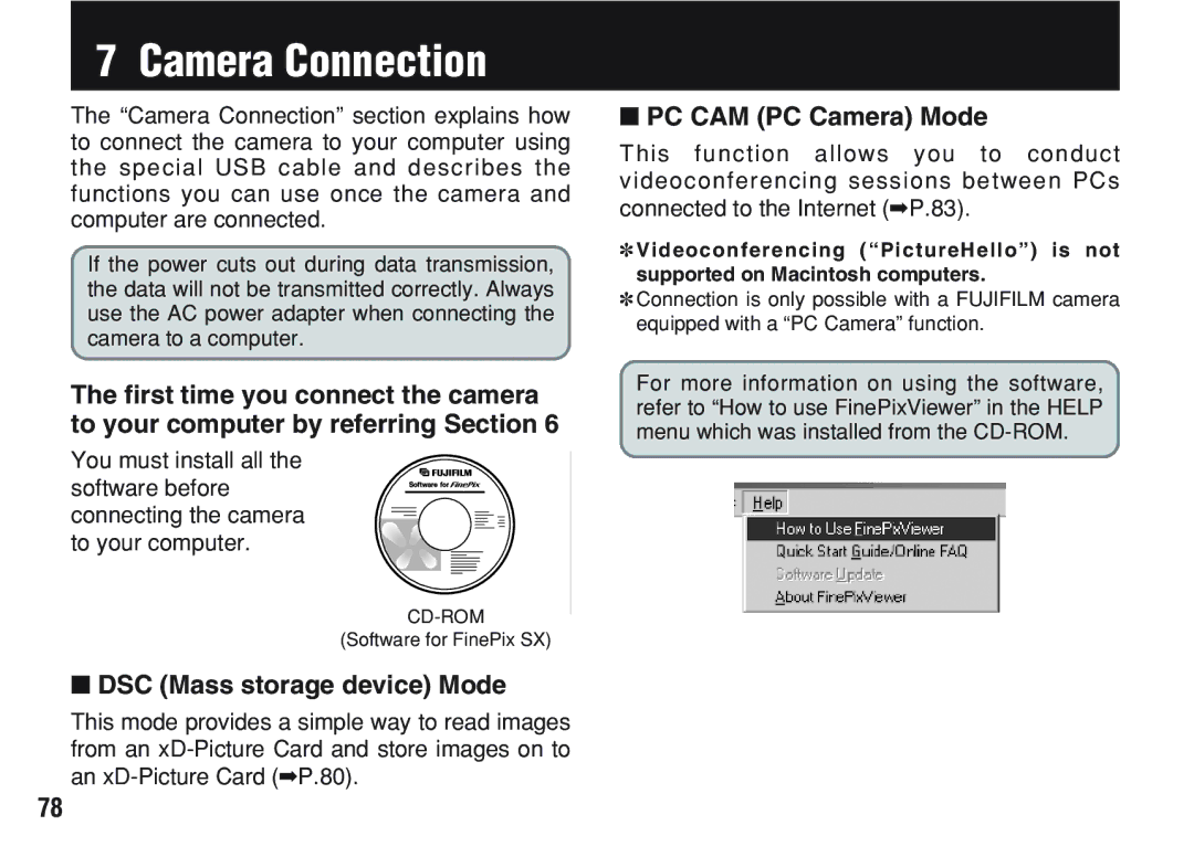 FujiFilm A200 manual DSC Mass storage device Mode, PC CAM PC Camera Mode, Software for FinePix SX 