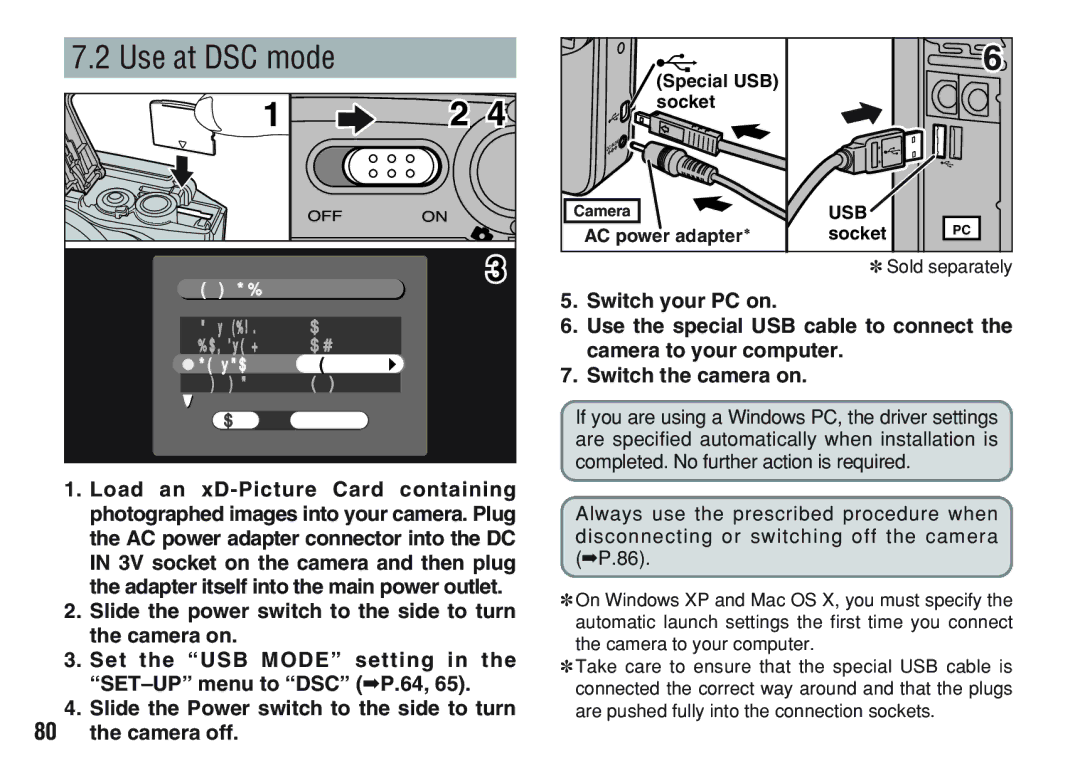 FujiFilm A200 manual Use at DSC mode, Special USB Socket, AC power adapter Socket 