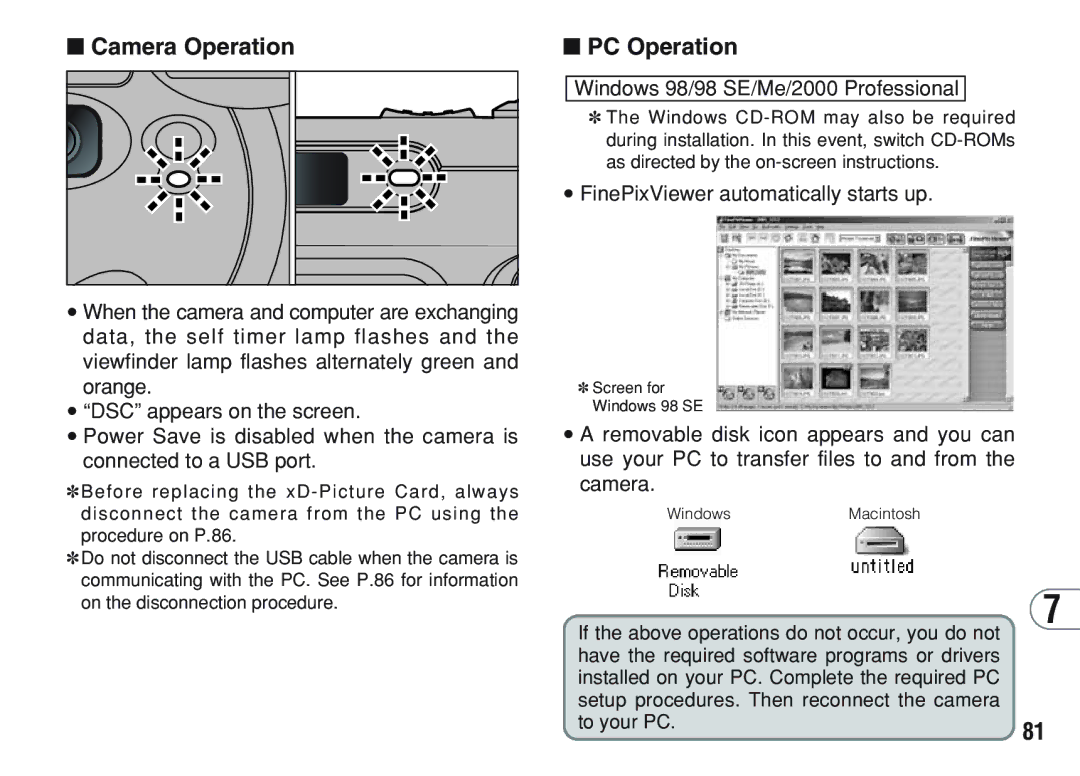 FujiFilm A200 Camera Operation, PC Operation, Windows 98/98 SE/Me/2000 Professional, FinePixViewer automatically starts up 