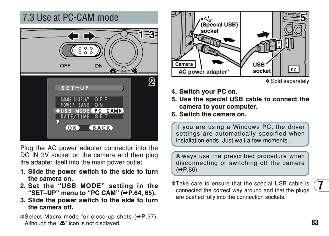 FujiFilm A200 manual Use at PC-CAM mode, Slide the power switch to the side to turn the camera on 