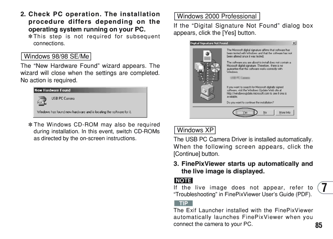 FujiFilm A200 manual Windows 98/98 SE/Me, Windows 2000 Professional, If the live image does not appear, refer to 