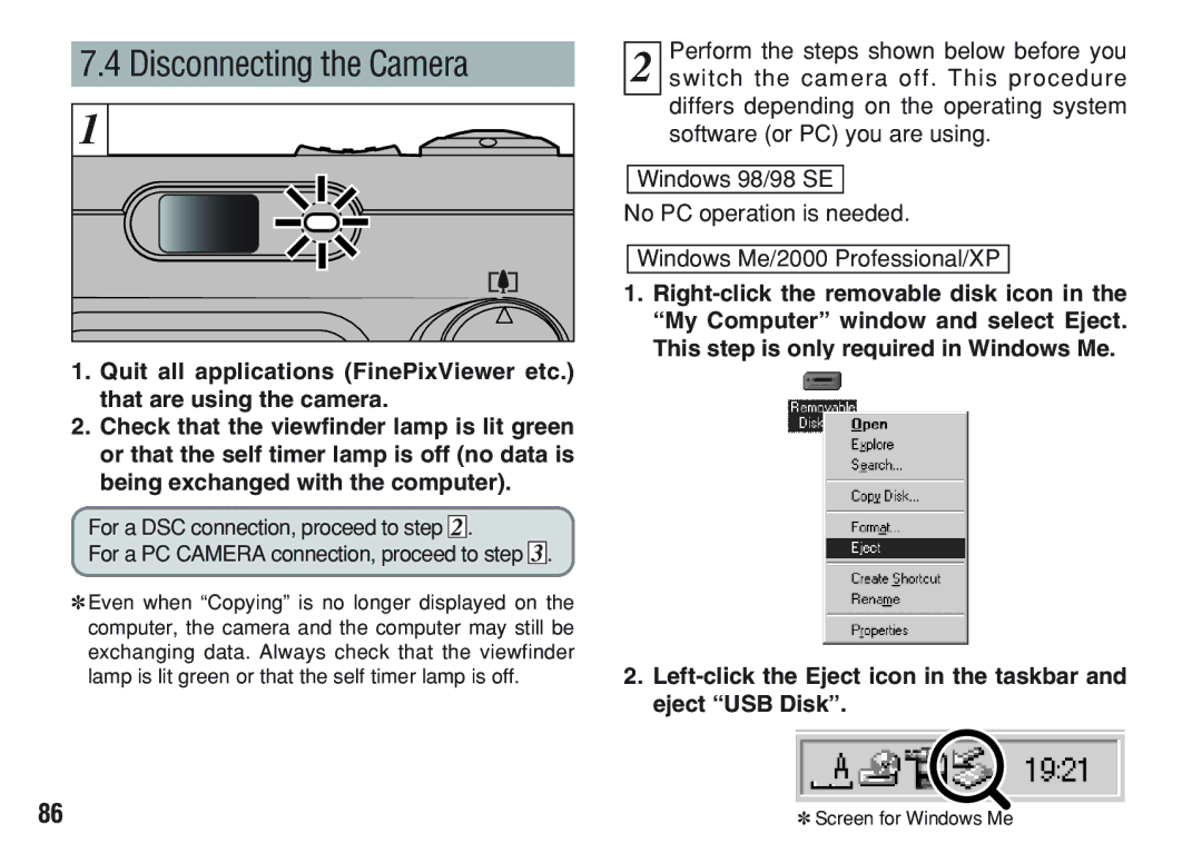 FujiFilm A200 manual Disconnecting the Camera, Left-click the Eject icon in the taskbar and eject USB Disk 