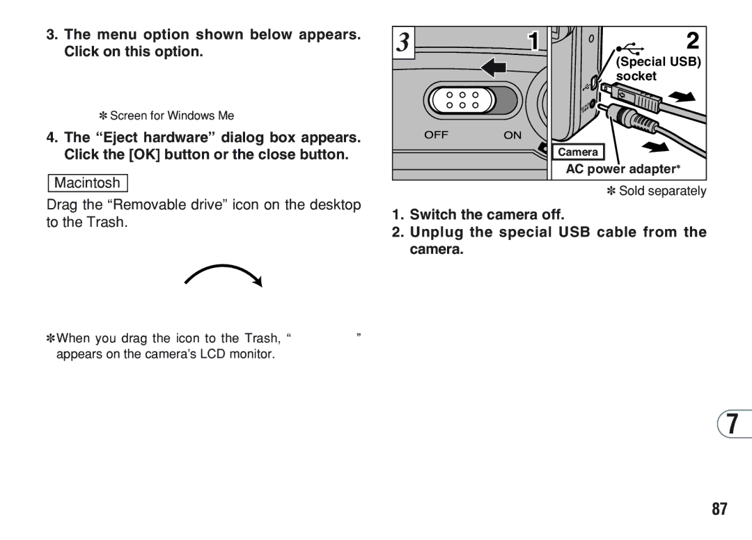 FujiFilm A200 manual Menu option shown below appears. Click on this option, Screen for Windows Me, Special USB 