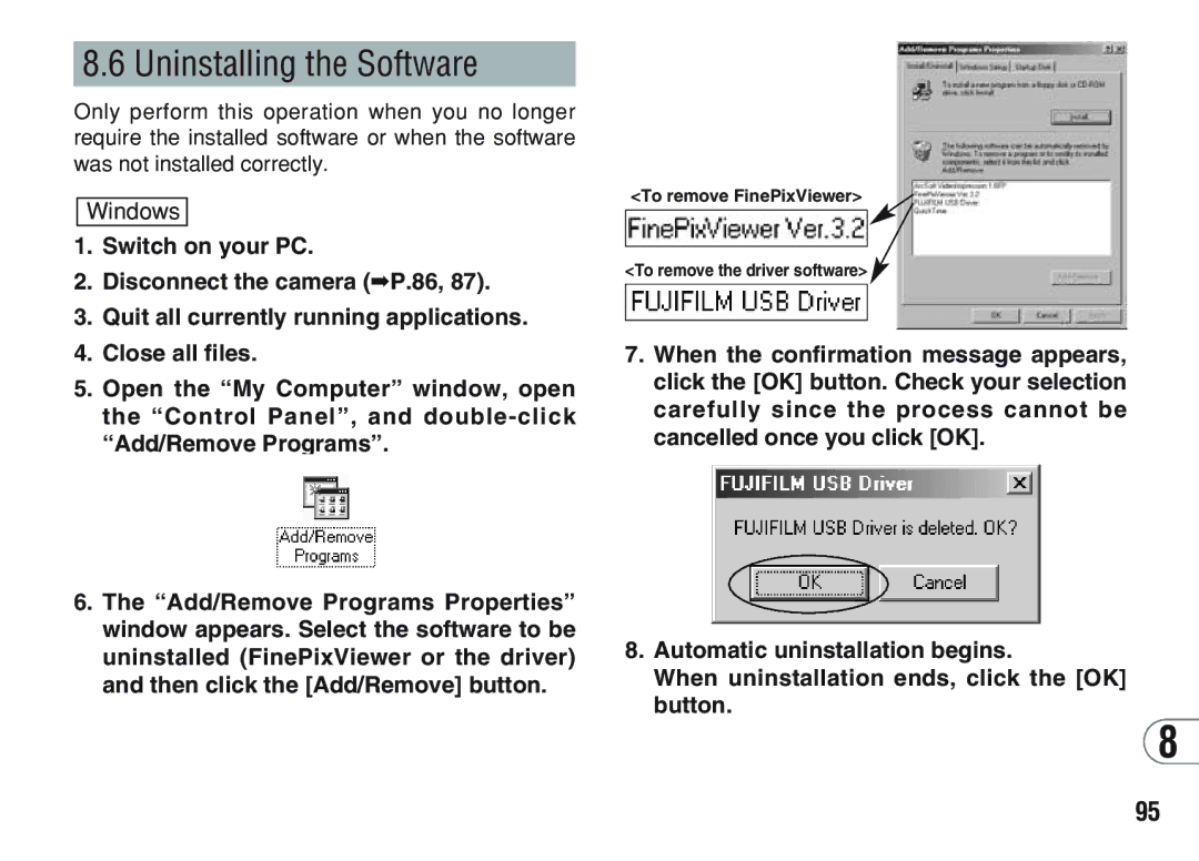 FujiFilm A200 manual Uninstalling the Software, Windows 