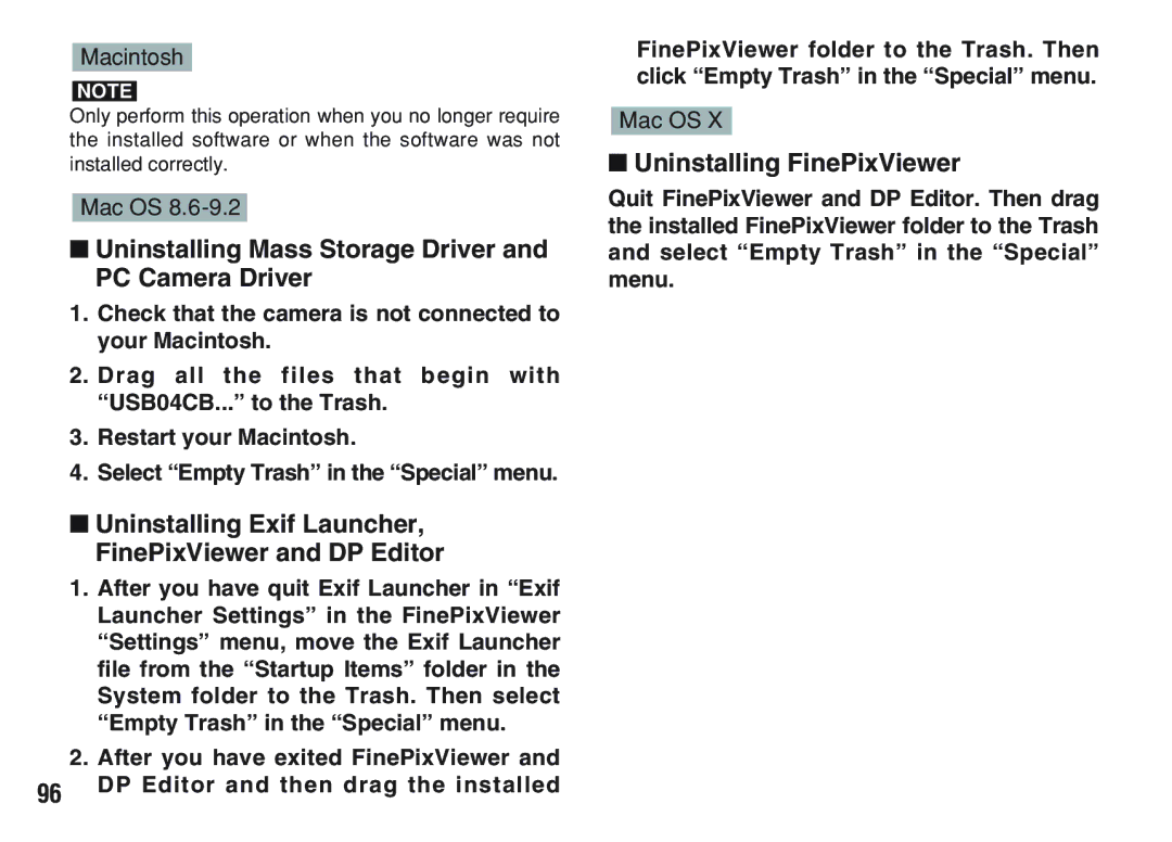 FujiFilm A200 manual Uninstalling Mass Storage Driver and PC Camera Driver, Uninstalling FinePixViewer, Macintosh 