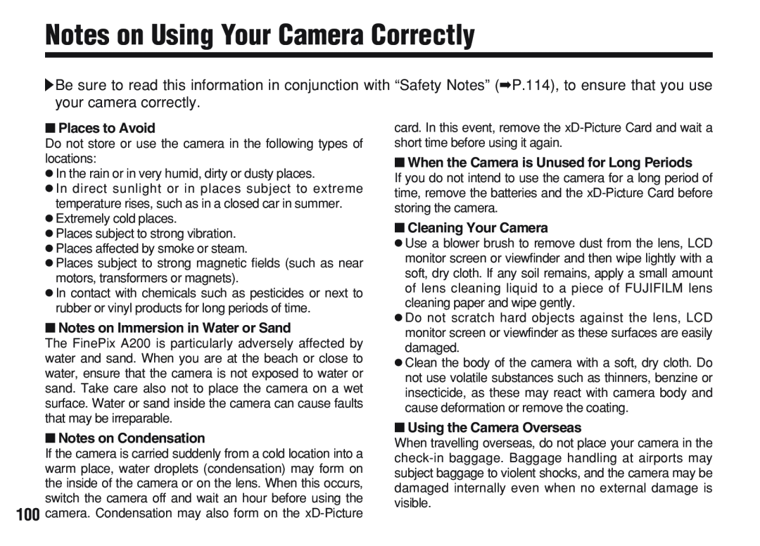 FujiFilm A200 manual Notes on Using Your Camera Correctly, Places to Avoid, Notes on Immersion in Water or Sand 