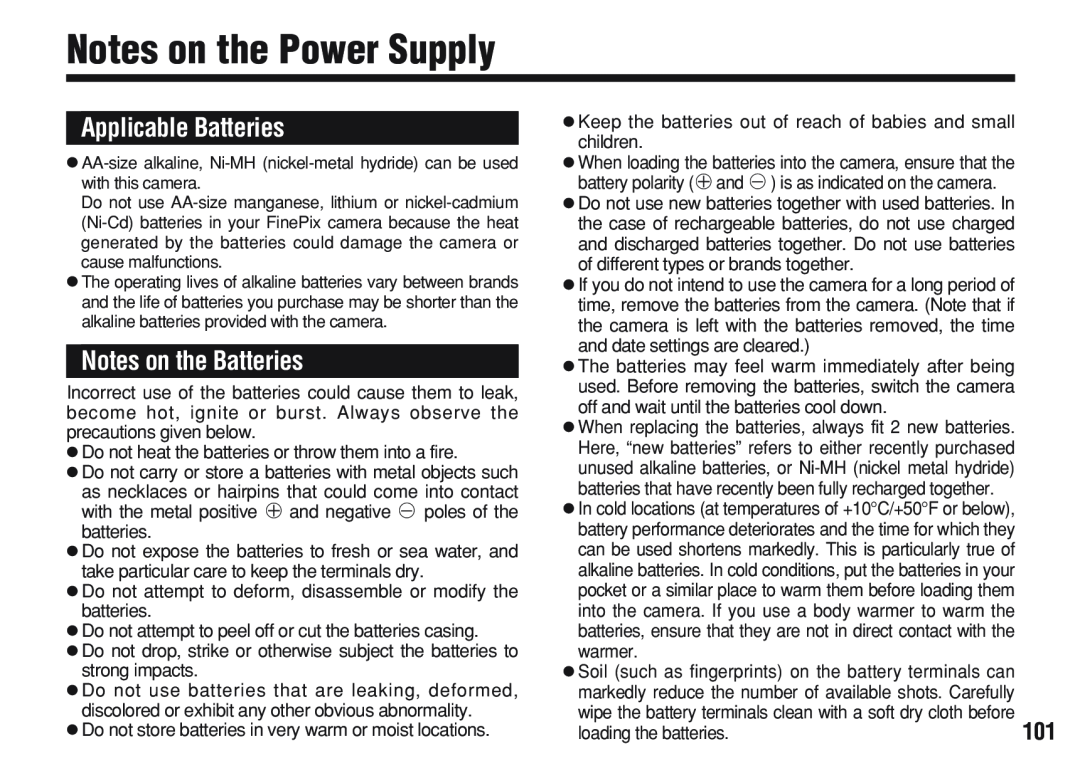 FujiFilm A200 manual Notes on the Power Supply, Applicable Batteries, Notes on the Batteries 