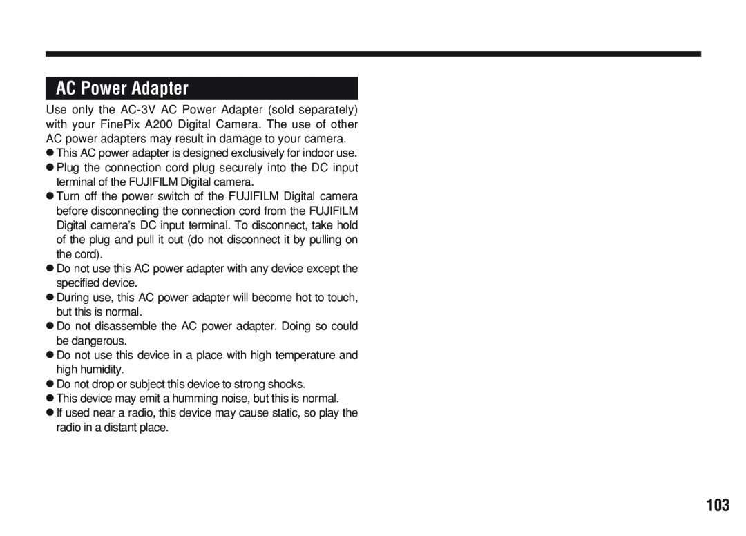 FujiFilm A200 manual AC Power Adapter 