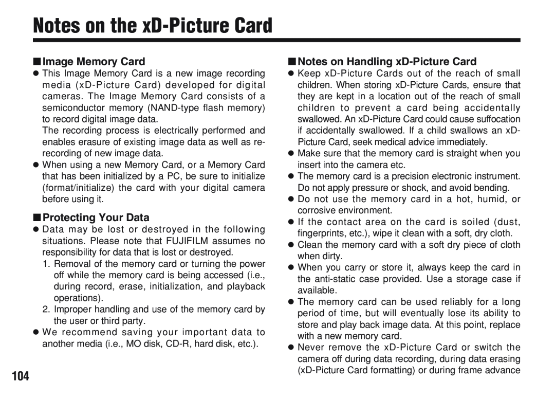 FujiFilm A200 Notes on the xD-Picture Card, Image Memory Card, Protecting Your Data, Notes on Handling xD-Picture Card 