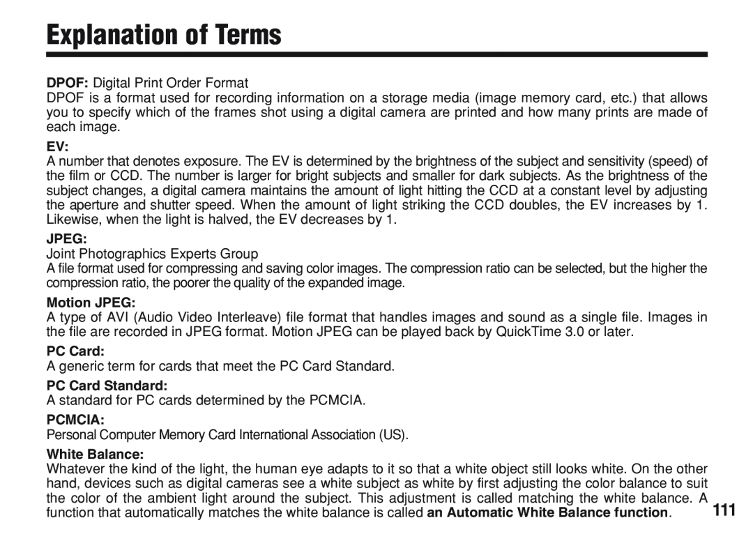 FujiFilm A200 manual Explanation of Terms, Jpeg, Motion JPEG, PC Card Standard, Pcmcia, White Balance 