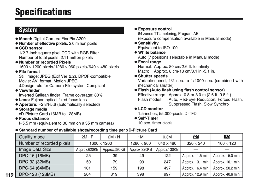 FujiFilm A200 manual Specifications, System, h Number of effective pixels 2.0 million pixels h CCD sensor, h File format 