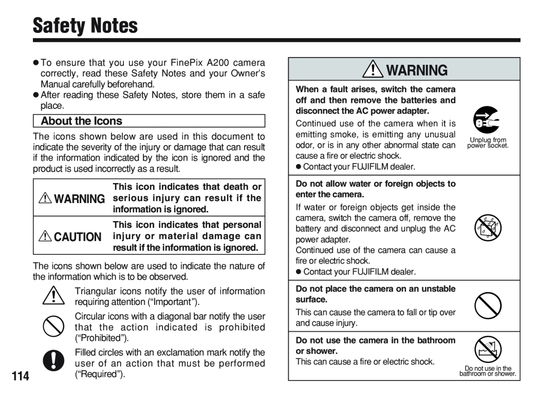 FujiFilm A200 manual Safety Notes, About the Icons, This icon indicates that death or, This icon indicates that personal 