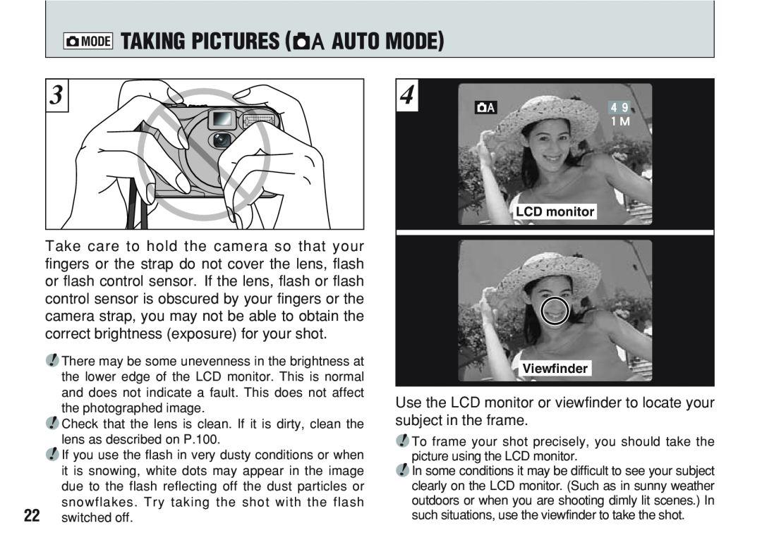 FujiFilm A200 manual Qmode Taking Pictures Aauto Mode, Take care to hold the camera so that your, subject in the frame 