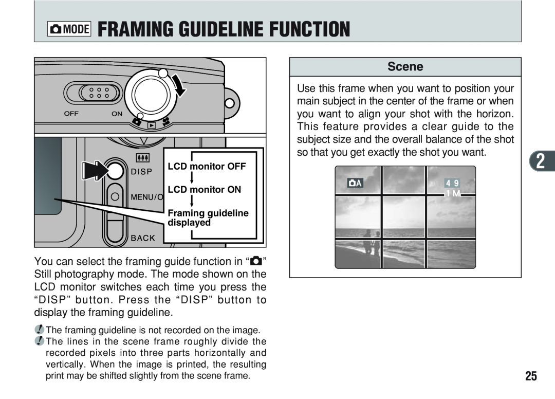 FujiFilm A200 manual Qmode Framing Guideline Function, Scene, LCD monitor OFF, LCD monitor ON, displayed 