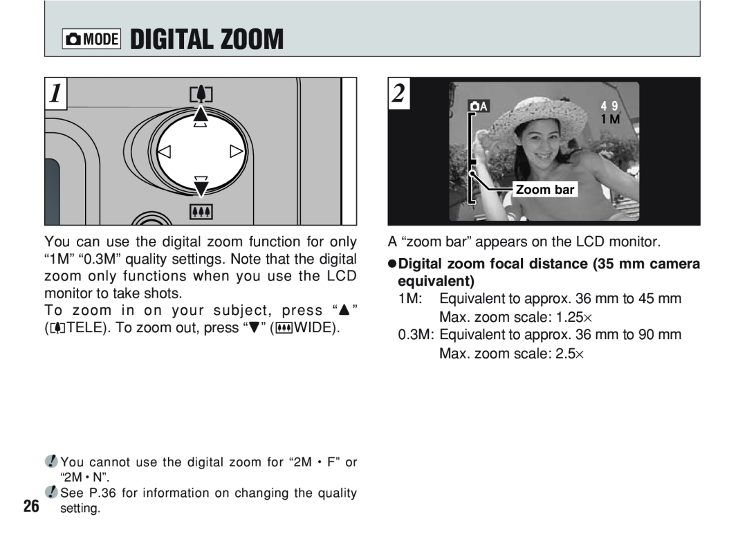 FujiFilm A200 manual Digital Zoom, hDigital zoom focal distance 35 mm camera equivalent, Qmode 