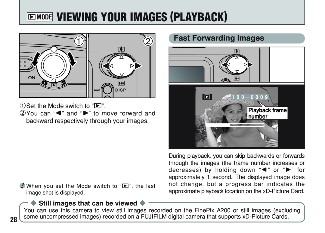 FujiFilm A200 manual Viewing Your Images Playback, Fast Forwarding Images, wMODE, 1Set the Mode switch to “w” 