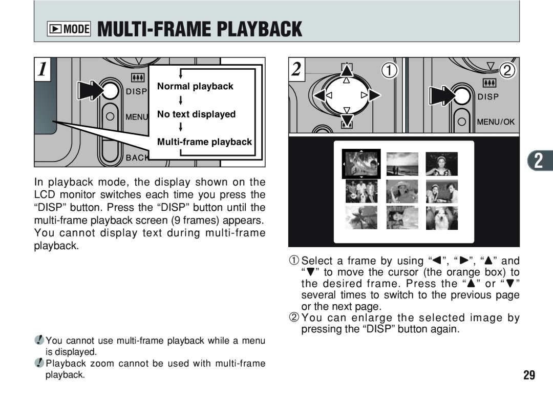 FujiFilm A200 manual Multi-Frame Playback, wMODE, Normal playback, No text displayed, Multi-frame playback 