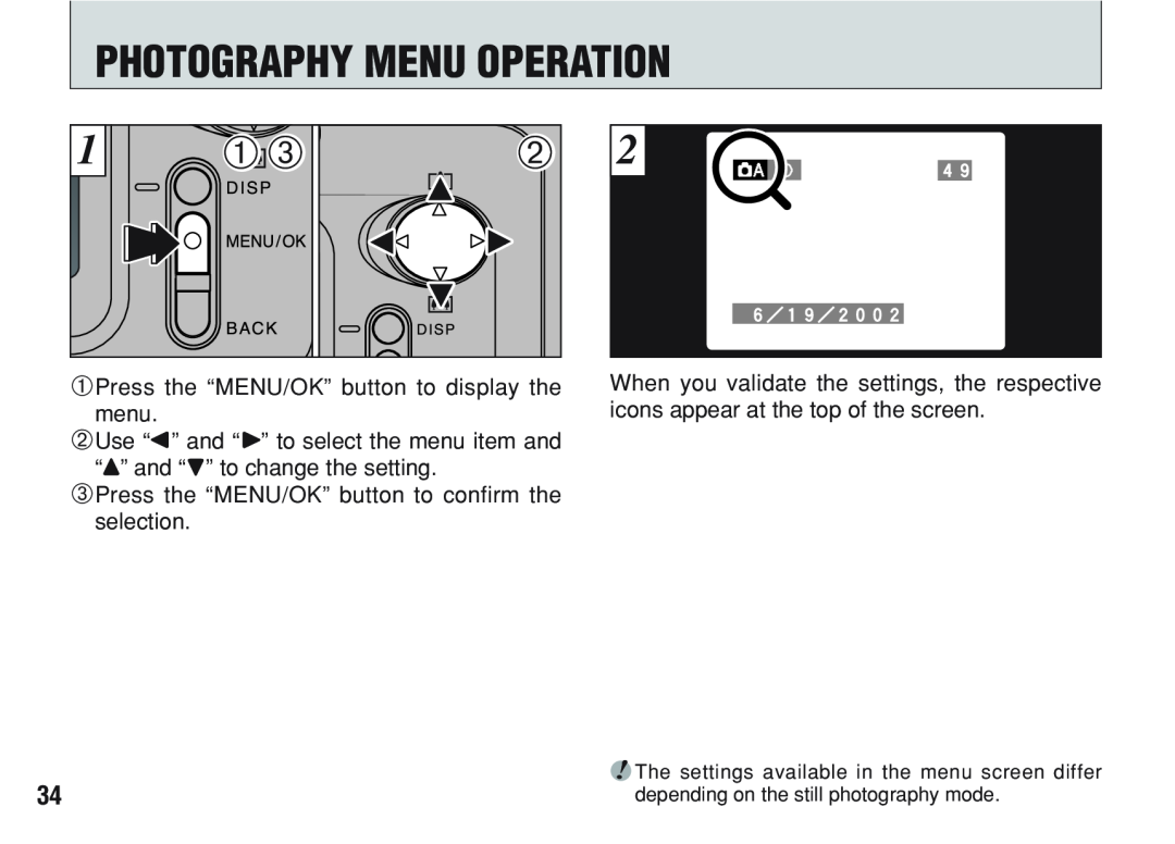 FujiFilm A200 manual Photography Menu Operation, 0 10, 1Press the “MENU/OK” button to display the menu, ６／１９／２００２ 