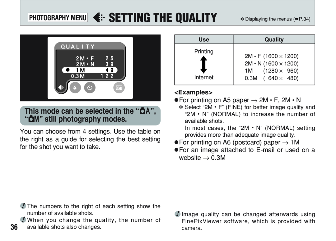 FujiFilm A200 y SETTING THE QUALITY, This mode can be selected in the “A”, “S” still photography modes, Examples, Quality 
